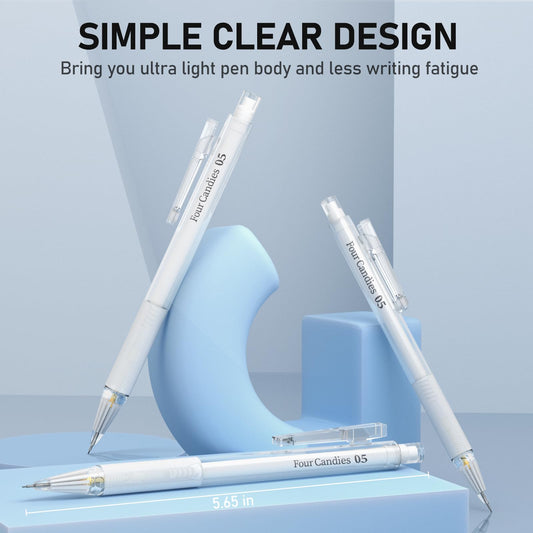 Four_Candies_Cute_Mechanical_Pencil_Set_with_Case_-_3PCS_Pencils_0.5mm_with_180PCS_HB_Lead_Refills,_3PCS_Erasers_&_9PCS_Eraser_Refills,_White_Clear_Mechanical_Pencil_for_Students_Drawing,_Writing