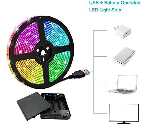Battery Powered Led Strip Lights, Flexible Color Changing RGB LED Light Strip,5050 3M/9.8FT 90 LEDs 5V Battery-Powered with Controller