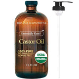Castor Oil 16 Fl Oz (Glass Bottle) - Original Unrefined - A Huge Glass Bottle with a Pump - 100% Pure and Natural, Cold Pressed, and Hexane-Free - Hair Oil, Body Oil