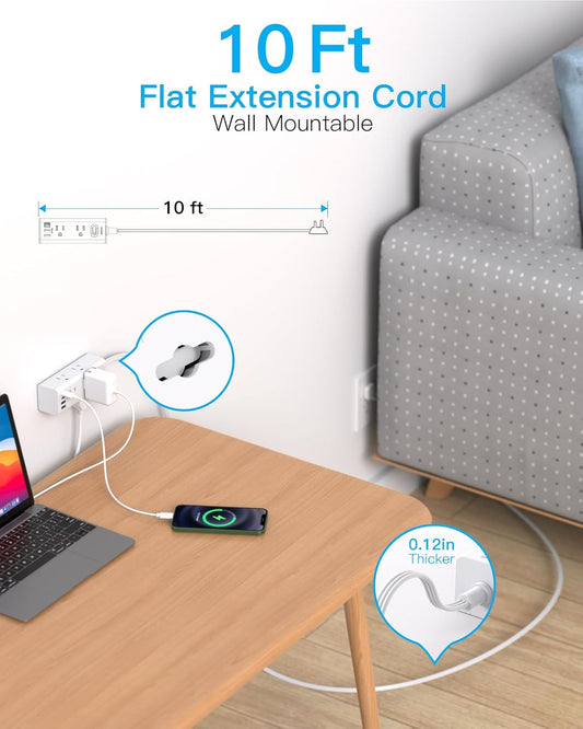 One_Beat_10Ft_Extension_Cord_with_Multiple_Outlets,Flat_Plug_Power_Strip_Surge_Protector_with_10_Ft_Long_Cord,6_Outlet_4_USB_Ports_(2USB_C),Multi_Outlet_Wall_Plug_for_Travel,College,Dorm_Essentials
