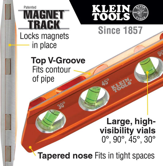 Klein_Tools_935AB4V_Level,_6-Inch_Magnetic_Torpedo_and_Conduit_Level_with_0/30/45/90_Degree_Vials,_V-Groove_and_Magnet_Track,_High_Visibility_Orange