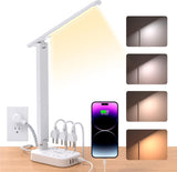 One Beat LED Small Desk Lamp Power Strip 5ft Extension Cord, 3 Outlets, 4 USB Ports(2 USB C), 4 Modes, 5 Level Touch- Home, Office, Bedroom, Bedside, Study Reading Light, Dorm Room Essentials, White