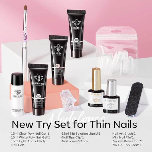 Modelones_Poly_Gel_Nail_Kit_3_Colors_Clear_White_Apricot_with_Slip_Solution_Dual_Nail_Forms_Top_Base_Coat_Extension_Builder_Gel_Enhancement_Professional_Starter_Kit_DIY_Nail_Art_Salon_Use