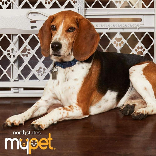 MYPET_North_States_Paws_Portable_Pet_Gate:_26-40"_Wide._Pressure_Mount._No_Tools_Needed._Made_in_USA._Dog_Gate_23"_Tall,_Expandable,_Durable_Dog_Gates_for_Doorways,_Light_Gray
