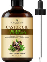 Handcraft Blends Castor Oil with Rosemary and Peppermint Oil in Glass Bottle - 4 Fl Oz - 100% Pure and Natural - Premium Grade Oil for Hair Growth