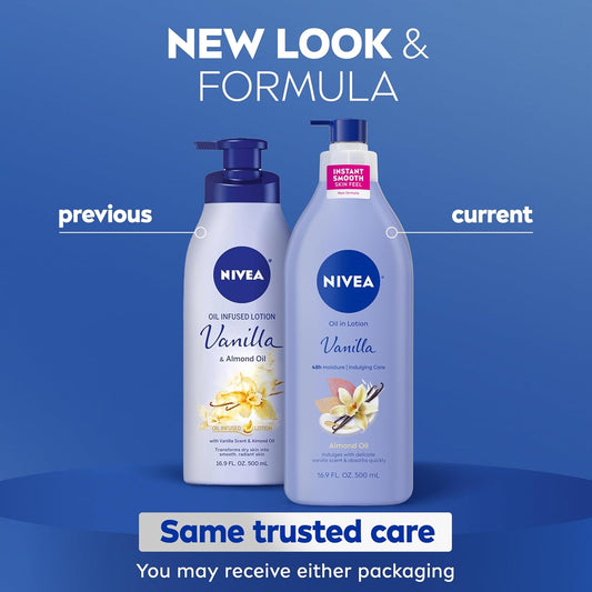 NIVEA_Oil_Infused_Vanilla_and_Almond_Oil_Body_Lotion_for_Women,_Fast-Absorbing_and_Non-Greasy_Vanilla_Scented_Lotion_Moisturizes_for_48_Hours,_16.9_Fl_Oz_Pump_Bottle,_Pack_of_3