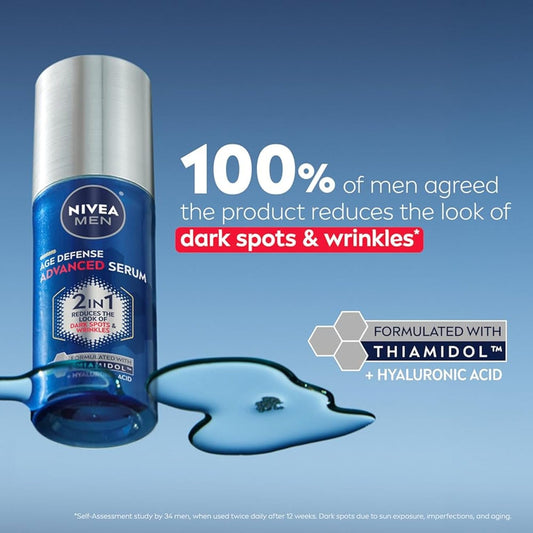 NIVEA_MEN_Age_Defense_Advanced_Face_Serum_for_Dark_Spots_with_Thiamidol_(TM)_+_Hyaluronic_Acid,_Fast-Absorbing_Face_Serum_for_Men_Helps_Reduce_Look_of_Dark_Spots,_Fine_Lines_&_Wrinkles,_1_Fl_Oz_Bottle