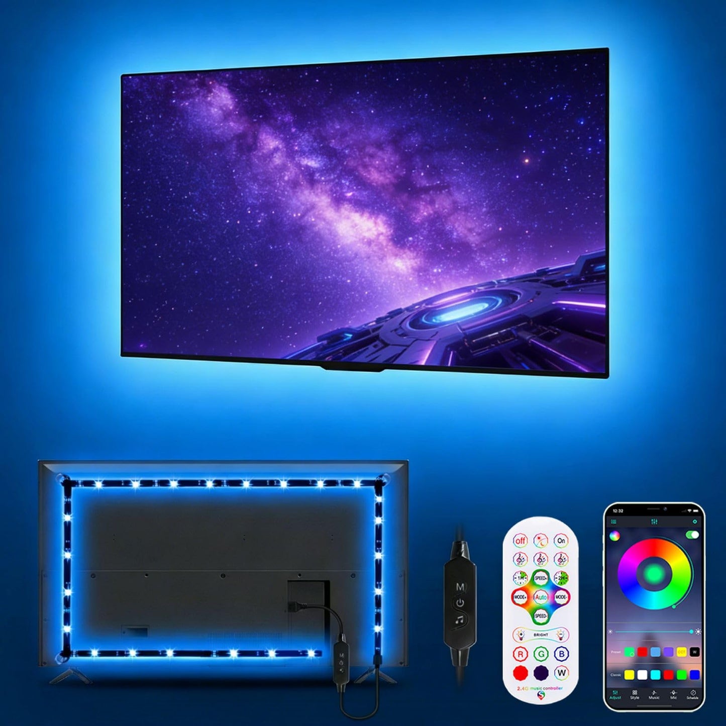 MORIACC TV LED Backlight, 16.4FT RGB LED Strip Lights for 45-75 Inch TV, Music Sync LED Lights Behind TV with APP & Remote Control, USB Powered Ambient Lighting for Gaming Room Bedroom
