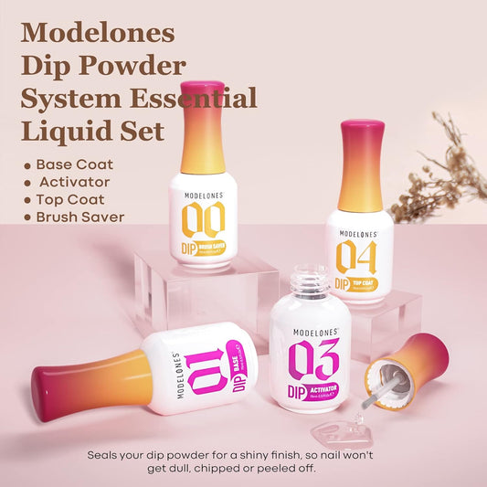 Modelones_Dip_Powder_Liquid_Set_4+4_Pcs,_Dip_Powder_System_Set_with_Base_Coat/Top_Coat/Activator/Brush_Saver/Manicure_Tools_for_Nail_Kit_Art_DIY_Salon_-_15ml/0.5oz