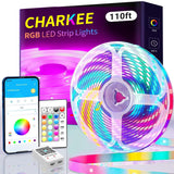 CHARKEE 130ft LED Strips Lights (65.6ft*2) Full Color Sync Music, Dimmable and Color Changing RGB LED Strip Lights, 24 Volt Bluetooth Flexible LED Lights for Bedroom,Family,DIY(Smart App+Remote)