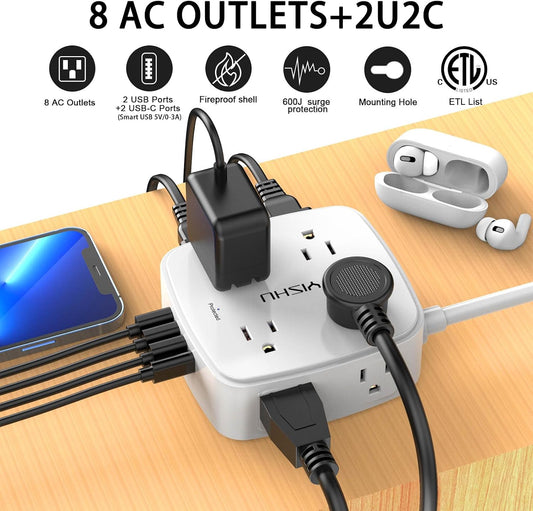 6_Ft_Surge_Protector_Power_Strip_-_8_Widely_Outlets_with_4_USB_Ports,_3_Side_Outlet_Extender_with_6_Feet_Extension_Cord,_Flat_Plug,_Wall_Mount,_Desk_USB_Charging_Station,_ETL,White