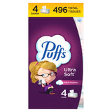 Puffs Ultra Soft Facial Tissues - 4 Family Size Boxes, 124 Facial Tissues Per Box, Ideal for Cleaning and Hygiene - Napkin
