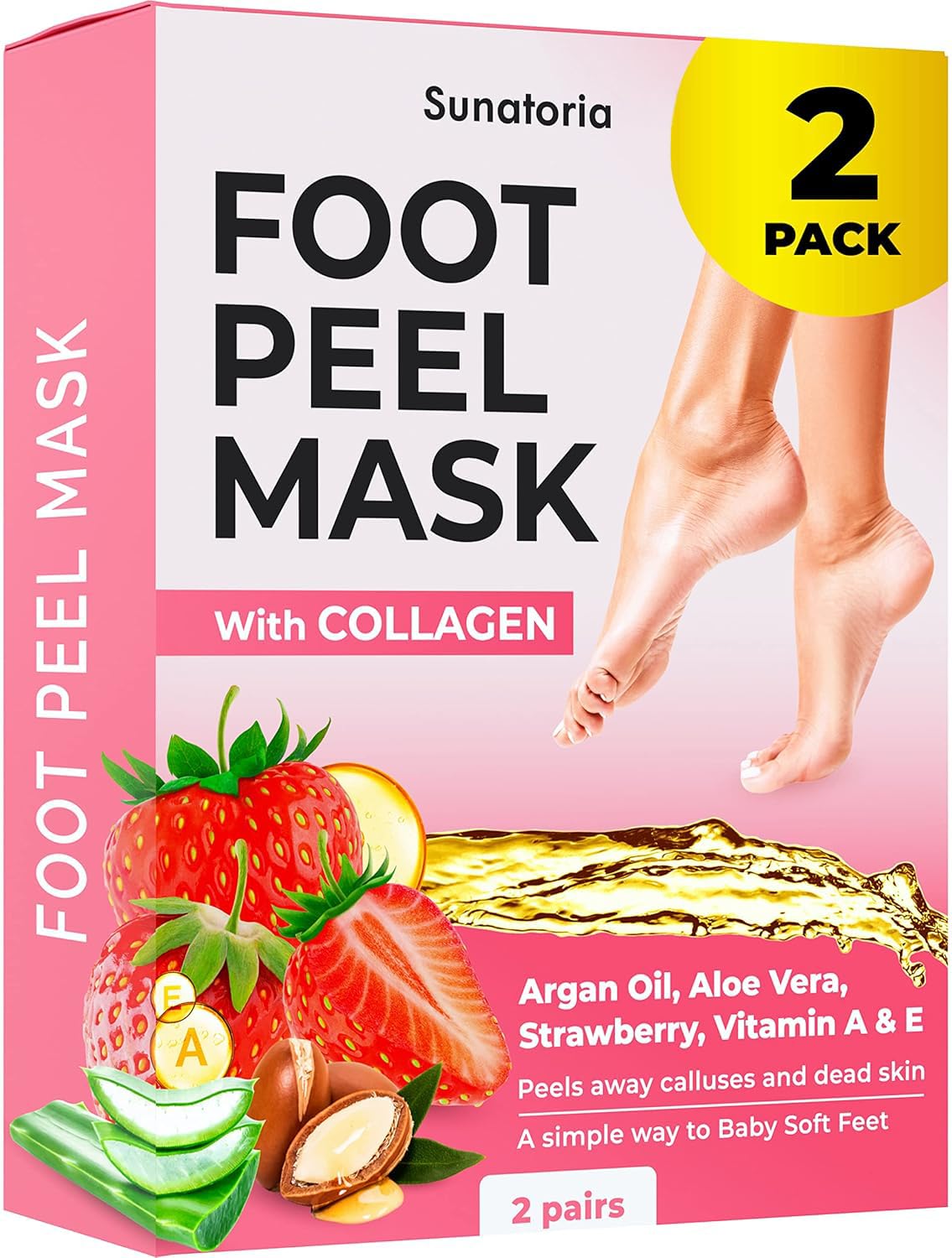 Foot Peeling Mask for Dead Skin Remover & Deep Moisturize | 2 Pairs | Dermatologically Tested - Foot Peel Mask for Dry Cracked Feet - Foot Mask make Soft Baby Feet for Men & Women | Strawberry