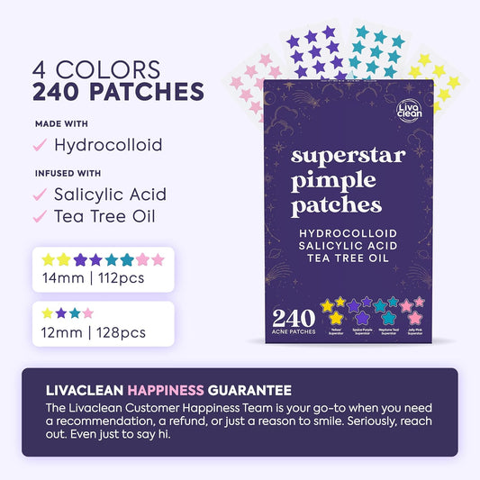 Livaclean_240CT_Star_Pimple_Patches_for_Face_w/_Hydrocolloid,_Tea_Tree_oil_&_Salicylic_Acid_-_Zit_Stickers,_Hydrocolloid_Acne_Patches_for_Face_-_Cute_Pimple_Patch,_Acne_Stickers