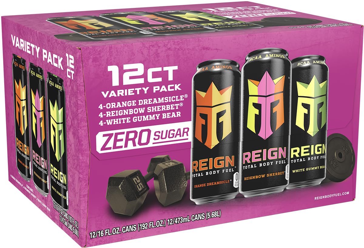 REIGN_Total_Body_Fuel_Variety_Pack,_Orange_Dreamsicle,_Reignbow_Sherbet,_White_Gummy_Bear,_Fitness_&_Performance_Drink,_16_Fl_Oz_(Pack_of_12)
