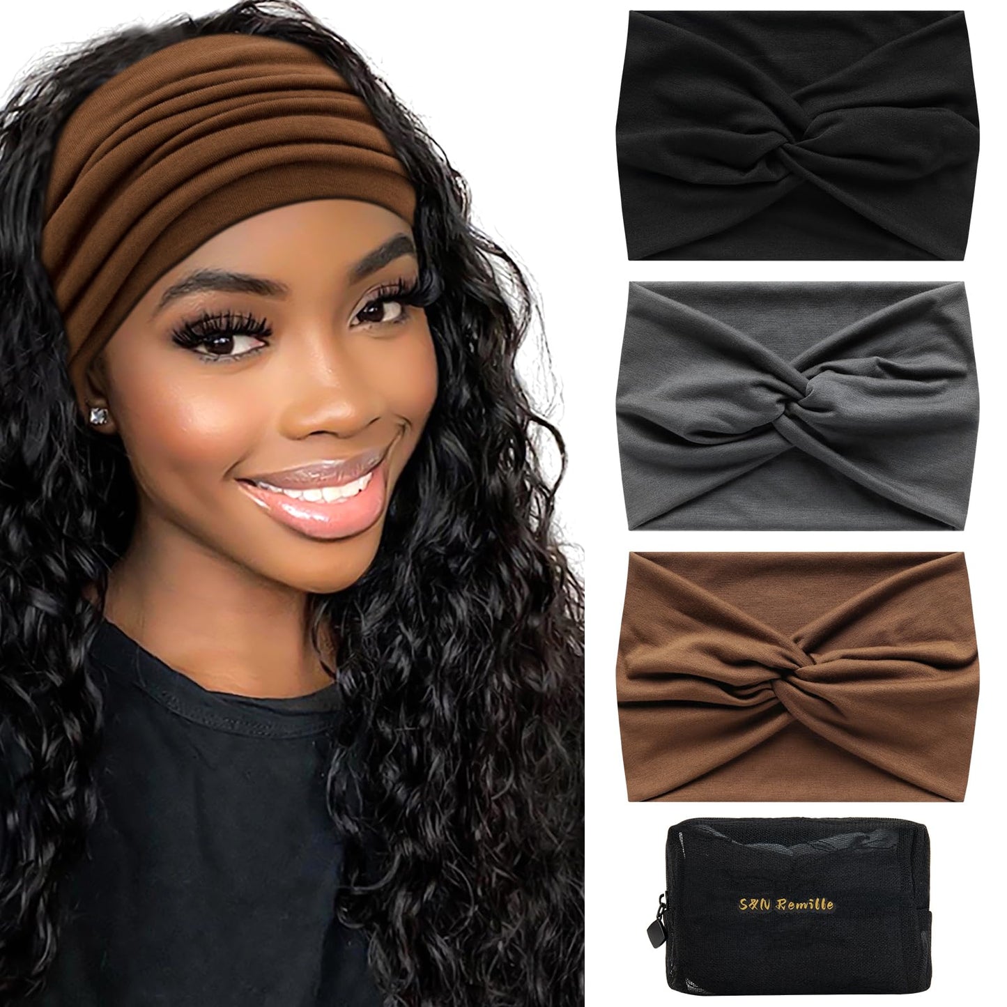 S&N Remille Wide Headbands for Women, Large Hairband, Elastic Non-Slip Headband Twist Knotted Accessories, Yoga Workout Vintage Hair 3 Pack