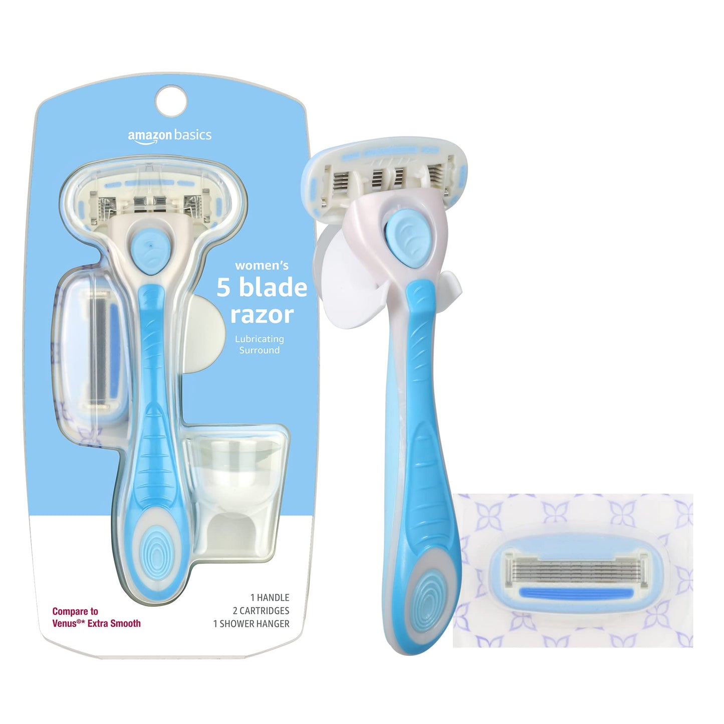 Amazon Basics 5-Blade Extra Smooth Razor for Women with Moisturizing Strips, Handle, 2 Cartridge Refills & Shower Holder (Previously Solimo)