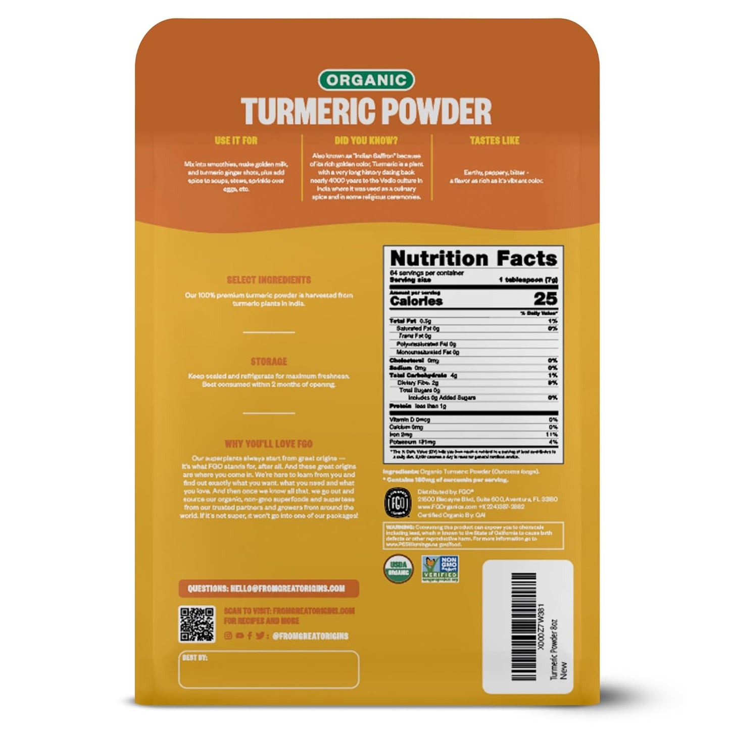 FGO_Organic_Turmeric_Powder_w/Curcumin,_8oz_Resealable_Pouch,_USDA_and_Non-GMO,_Sourced_from_India,_Packaging_May_Vary_(Pack_of_1)