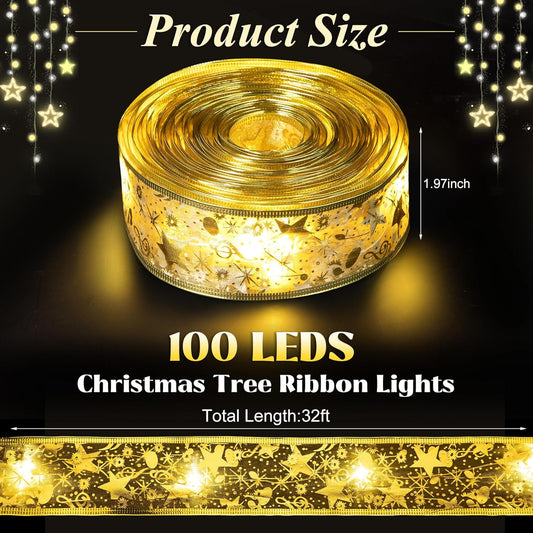 Ouddy_Life_32ft_Christmas_Ribbon_Fairy_Lights,_100_LED_Lights_Gold_Ribbon_for_Christmas_Tree_Wired_Double_Layer_Mesh,_Outdoor_Indoor_New_Year_Holiday_Christmas_Tree_Decorations_Wrapping_Xmas_Garland