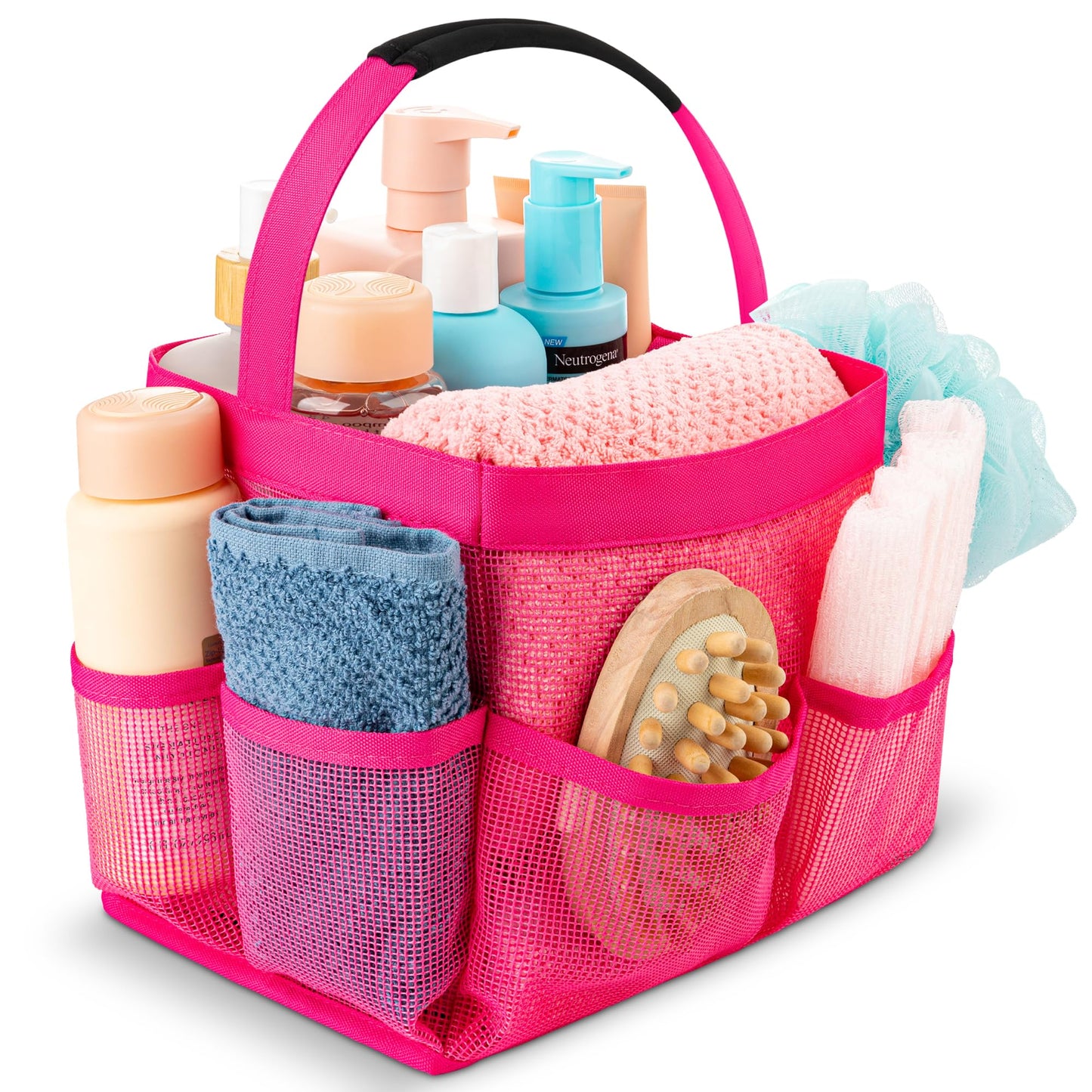 Masirs Shower Caddy Mesh - 9 Pocket Portable Bathroom Organizer Tote for Travel, Gym & Dorm - Collapsible Small Shower Caddy Bag to Hold Toiletries & Essentials (Pink)