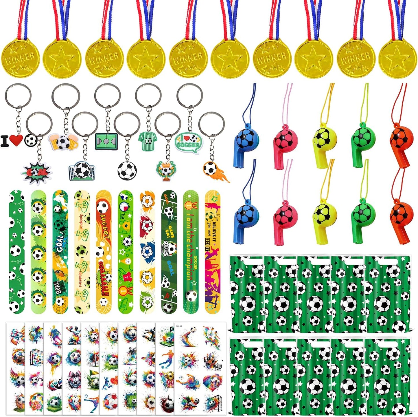60PCS_Soccer_Party_Favors,_Soccer_Goodie_Bag_Stuffers_with_10_x_6.5_Inch_Bags_Keychain_Medal_Tattoo_Sticker_Slap_Bracelets_Whistles,_for_Kids_Soccer_Birthday_Party_Decorations_Supplies_Souvenirs