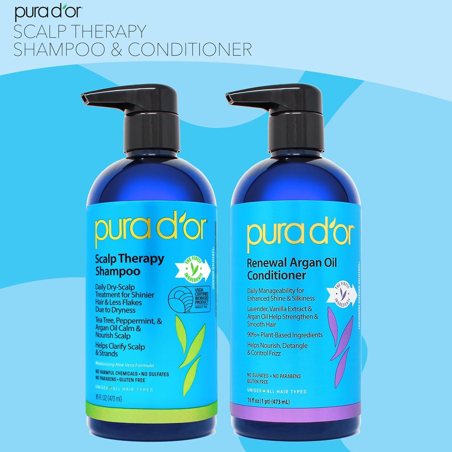 PURA_D'OR_Scalp_Therapy_Shampoo_&_Conditioner_Set_(16oz_x_2)_Dry,_Itchy_Scalp-Hydrates_&_Nourishes_Hair_w/Tea_Tree,_Peppermint,_Argan_Oil_&_Biotin,_All_Hair_Type,_Men_Women_(Packaging_Varies)