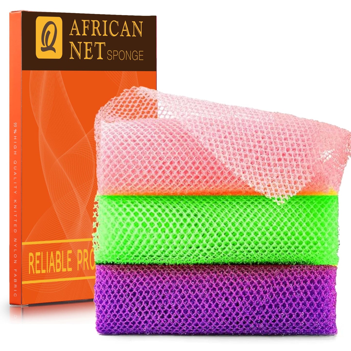 UJFQBH 3 Pieces African Bath Sponge African Net Long Net Bath Sponge Exfoliating Shower Body Scrubber Back Scrubber Skin Smoother,Great for Daily Use (Purple, Pink,Green)