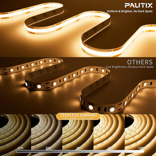 PAUTIX_5V_USB_COB_LED_Strip_Light,_Dimmable_2700K/3000K/4000K/6000K_CRI90+_with_RF_Remote_TV_Backlight,Flexible_Under_Cabinet_Tape_Light_for_Bedroom,Kitchen,Home,Office_DIY_Lighting