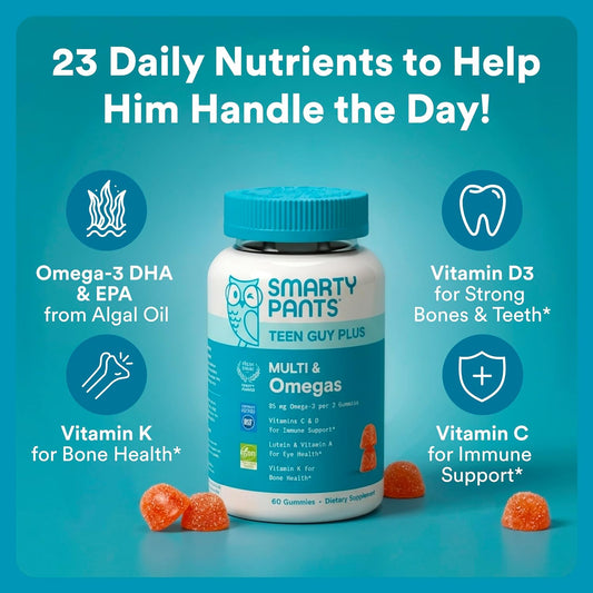 SmartyPants_Teen_Guy_Plus_Multi_&_Omegas_Multivitamin_Gummies_with_Omega_3_DHA/EPA,_Vitamins_D3,_C,_B12,_B6,_A,_K,_Zinc,_Folate,_Gluten_Free,_Clean_Label,_Pineapple_Orange,_60_Gummies_(30_Day_Supply)