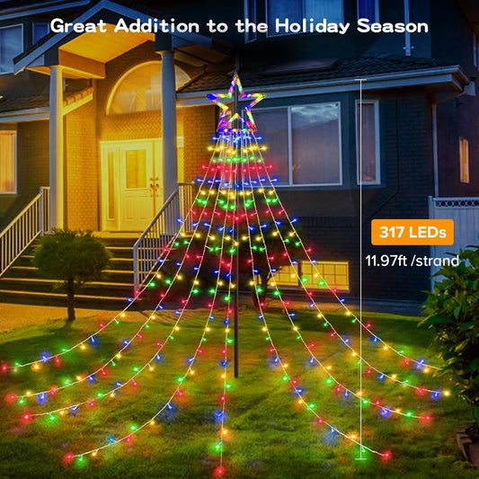 BlcTec_Outdoor_Christmas_Decorations_317_LEDs_Christmas_Lights_with_9_Strands_11.9ft_Waterfall_Christmas_Tree_Lights,_8_Modes,_Waterproof,_Topper_Star_&_Timer_for_Yard_Patio_Xmas_Decor,_Multicolor