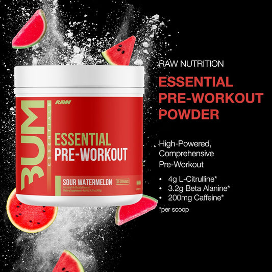 RAW_Essential_Pre-Workout_Powder_(Sour_Watermelon)_-_Chris_Bumstead_Sports_Nutrition_Supplement_for_Men_&_Women_-_Preworkout_Energy_Powder_with_Caffeine,_L-Citrulline,_L-Tyrosine,_&_Beta_Alanine_Blend
