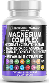 Clean Nutraceuticals Magnesium Complex with Magnesium Glycinate Citrate Malate Oxide Taurate Aspartate Orotate & Mag Chloride, Zinc Copper Manganese & Vitamin C B1 B2 B6 B12 Complex