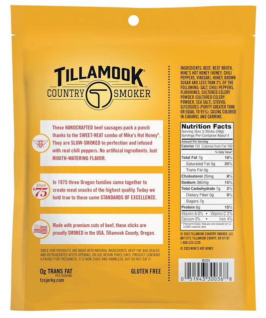 Tillamook_Country_Smoker_Beef_Smoked_Sausages,_Mike's_Hot_Honey,_3.6_Ounce,_Real_Hardwood_Smoked_Sausages,_Low_Carb,_High_Protein,_Ready_to_Eat_Sweet_&_Spicy_Snack