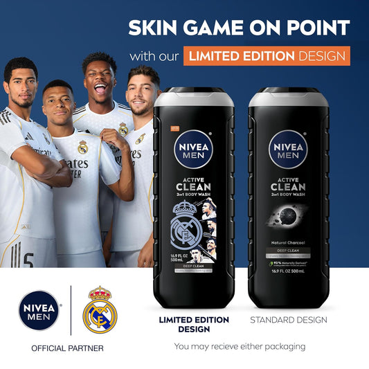 NIVEA_MEN_Real_Madrid_Limited_Edition_Design_Active_Clean_Body_Wash_with_Natural_Charcoal_for_Normal_to_Oily_Skin,_3-in-1_Charcoal_Body_Wash,_Face_and_Hair,_16.9_Fl_Oz_Bottle,_Pack_of_3