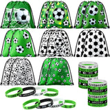 Sadnyy 32 Pcs Soccer Party Favors Set Include 16 Drawstring Goodie Bags 16 Silicone Bracelets Wristband Snack Treat Candy Bags for Birthday Party Team Gift Stuffers Supplies