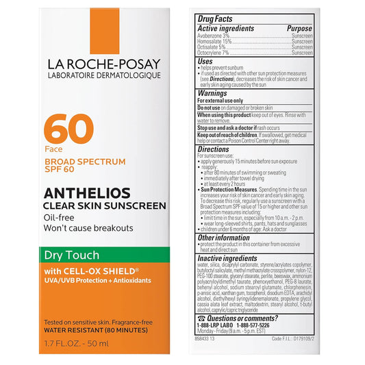 La_Roche-Posay_Anthelios_Clear_Skin_Sunscreen_Dry_Touch_SPF_60,_Oil_Free_Sunscreen_For_Face,_Oil_Absorbing,_Broad_Spectrum_SPF_+_Antioxidants,_Non-Greasy,_Oxybenzone_Free,_Travel_Size