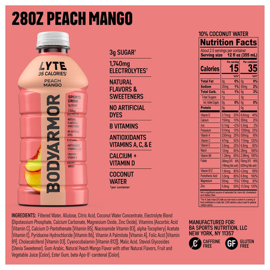BODYARMOR_LYTE,_Peach_Mango,_Electrolyte_Drink,_35_Calories,_28_Fl_Oz_Bottles_(15_Pack),_Coconut_Water_Sports_Drink,_Natural_Flavor_&_B_Vitamins