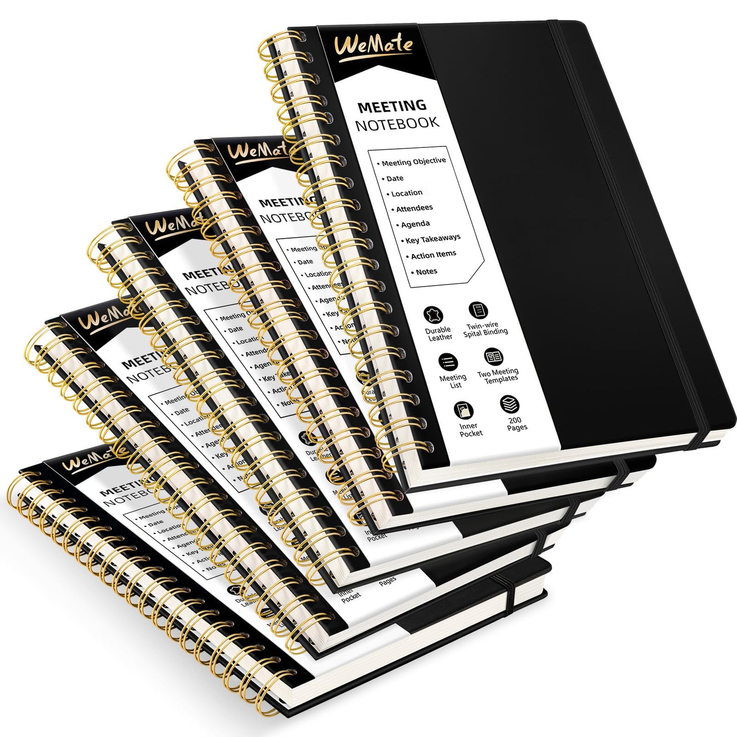 WEMATE 5 Pack Meeting Notebooks for Work(7"x10") 200 Pages, PU Leather Notebook with Action Items & Note, For Staff & Students, Meeting, Projects Planning - All Black Set