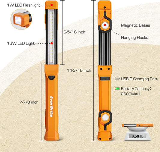 EverBrite_1000LM_LED_Work_Light,_Rechargeable_Work_Light_for_Mechanics_with_Dual_Magnetic_Bases&Hanging_Hooks,_4_Lighting_Modes,_USB_C_Cable,_for_Car_Repairing,_Working,_and_Hurricane,_Pack_of_1