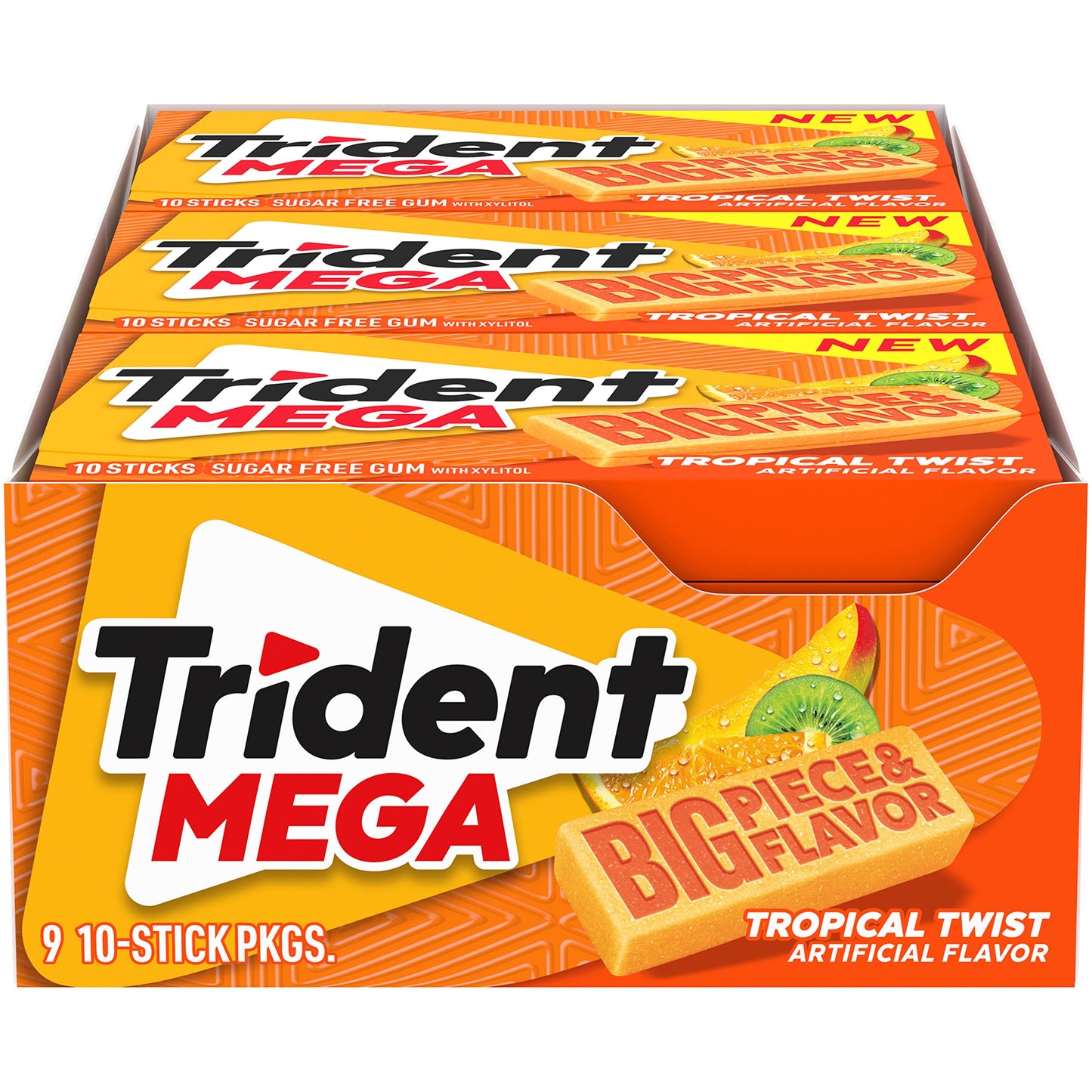 Trident Mega Tropical Twist Sugar-Free Chewing Gum, 9 Packs of 10 Pieces (90 Total Pieces)