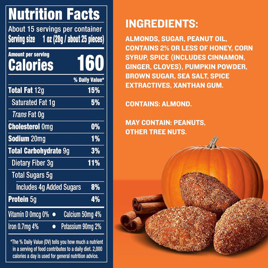 PLANTERS_Fall_Edition_Pumpkin_Spice_Almonds,_Pumpkin_Spice_Snacks,_Cooking_&_Baking_Nuts_&_Seeds,_Flavored_Almonds,_Seasonal_Nuts,_Fall_Party_Snacks,_Plant-Based_Protein,_15.25_oz_Canister