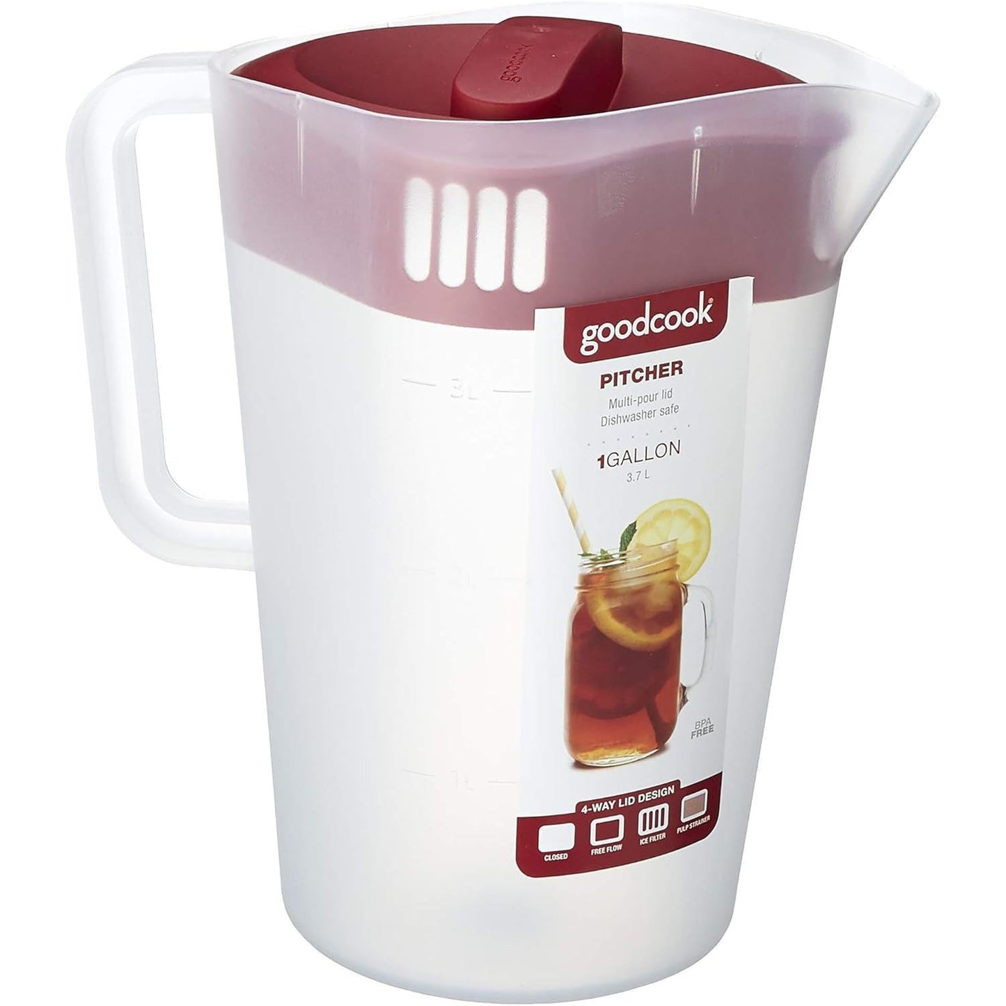 Goodcook_10658_1_Gallon_Plastic_Straining_Pitcher_with_Square_Lid,_3_Strainers,_Close_No-Spill_Design,_Dishwasher_Safe,_Clear_&_Red_-_Drinkware,_Jugs