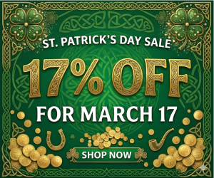 St. Patrick's Day sale banner with 17% off for March 17, featuring Irish symbols and a call to shop now.