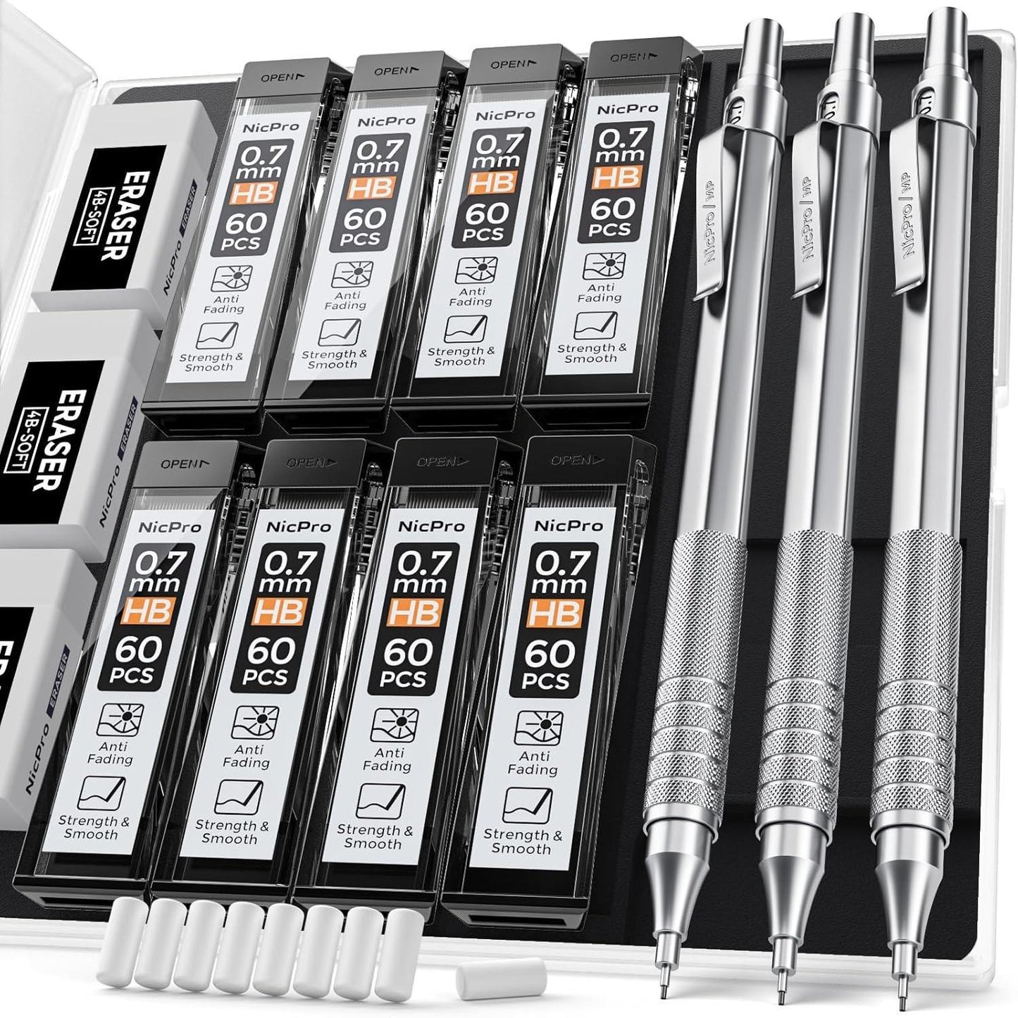 Mechanical_Pencil_Set_with_Case,_3PCS_MP1000_0.7mm_Artist_Lead_Pencil_With_8_Tube_HB_Refills,_3_Erasers,_9_Eraser_Refill_For_Architect_Art_Drafting_Drawing_Engineering,_Sketching
