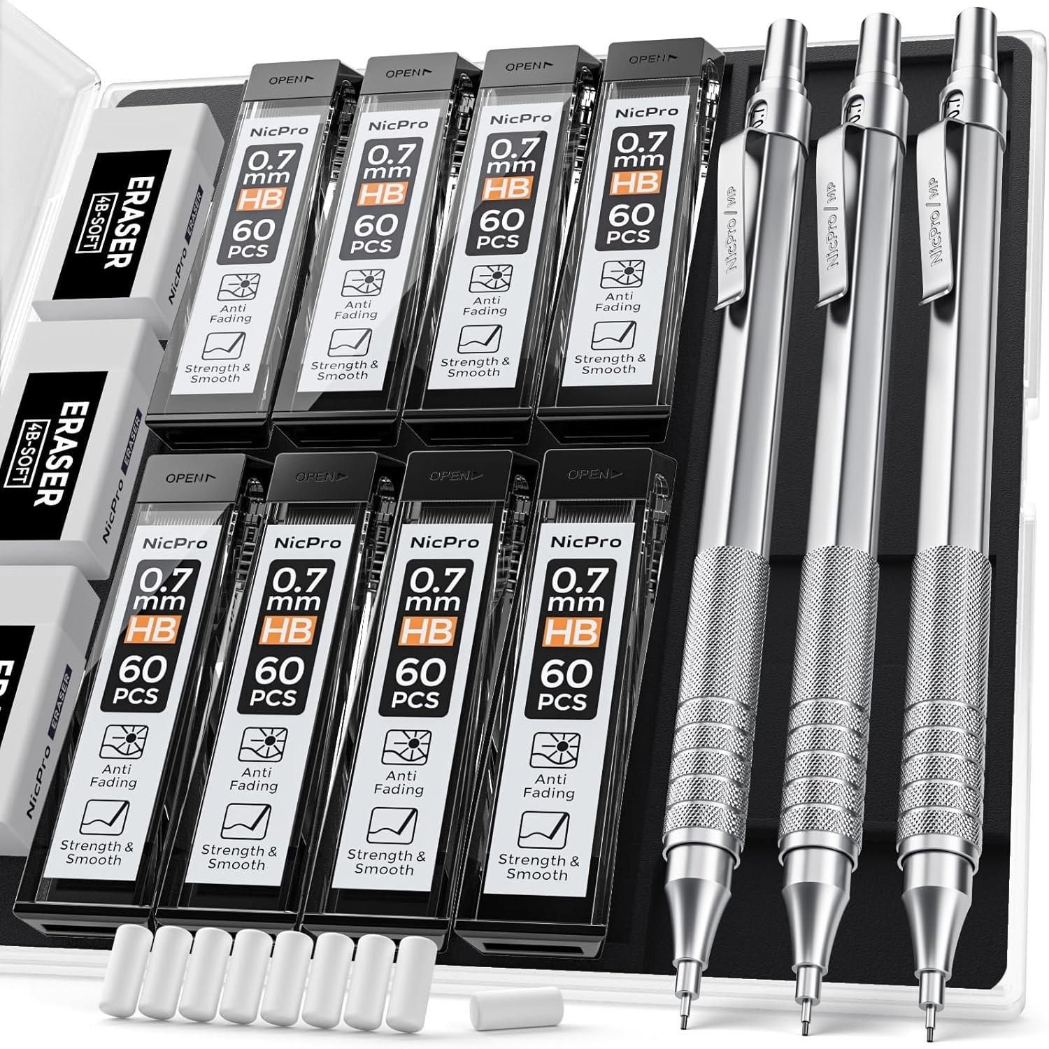 Mechanical_Pencil_Set_with_Case,_3PCS_MP1000_0.7mm_Artist_Lead_Pencil_With_8_Tube_HB_Refills,_3_Erasers,_9_Eraser_Refill_For_Architect_Art_Drafting_Drawing_Engineering,_Sketching