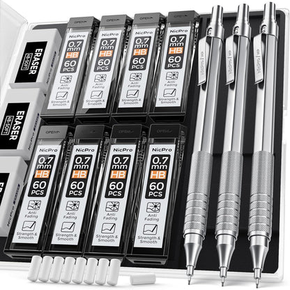 Mechanical_Pencil_Set_with_Case,_3PCS_MP1000_0.7mm_Artist_Lead_Pencil_With_8_Tube_HB_Refills,_3_Erasers,_9_Eraser_Refill_For_Architect_Art_Drafting_Drawing_Engineering,_Sketching