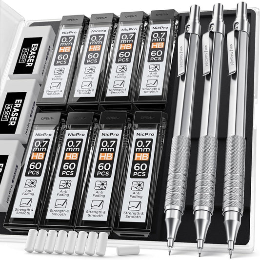 Mechanical_Pencil_Set_with_Case,_3PCS_MP1000_0.7mm_Artist_Lead_Pencil_With_8_Tube_HB_Refills,_3_Erasers,_9_Eraser_Refill_For_Architect_Art_Drafting_Drawing_Engineering,_Sketching