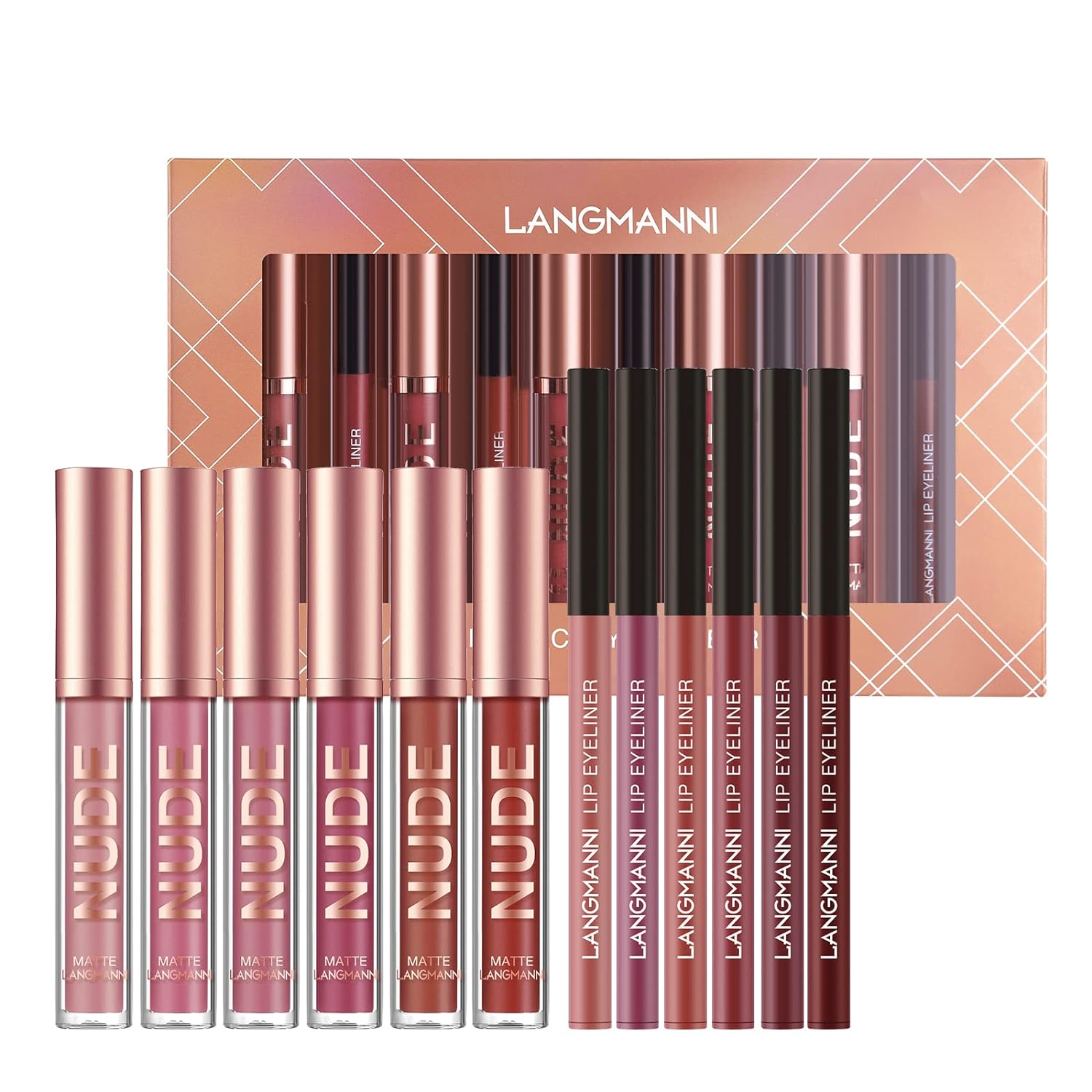 LANGMANNI_6_Matte_Lipstick_with_6_Lipliners_Durable_Makeup_Set,Long-Lasting_Non-Stick_Cup_Not_Fade_Waterproof_Pigmented_Velvet_Lipgloss_Kit_Beauty_Cosmetics_Makeup_Gift_for_Girls_(#A)_Flawless
