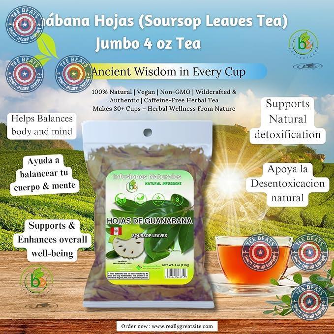 Guanabana_Hojas_(Soursop_Leaves_Tea)_–_Jumbo_4_oz_100%_Natural,_Vegan,_Non-GMO,_Wildcrafted_&_Authentic_Caffeine-Free_Herbal_Tea_Makes_30+_Cups_Beverage