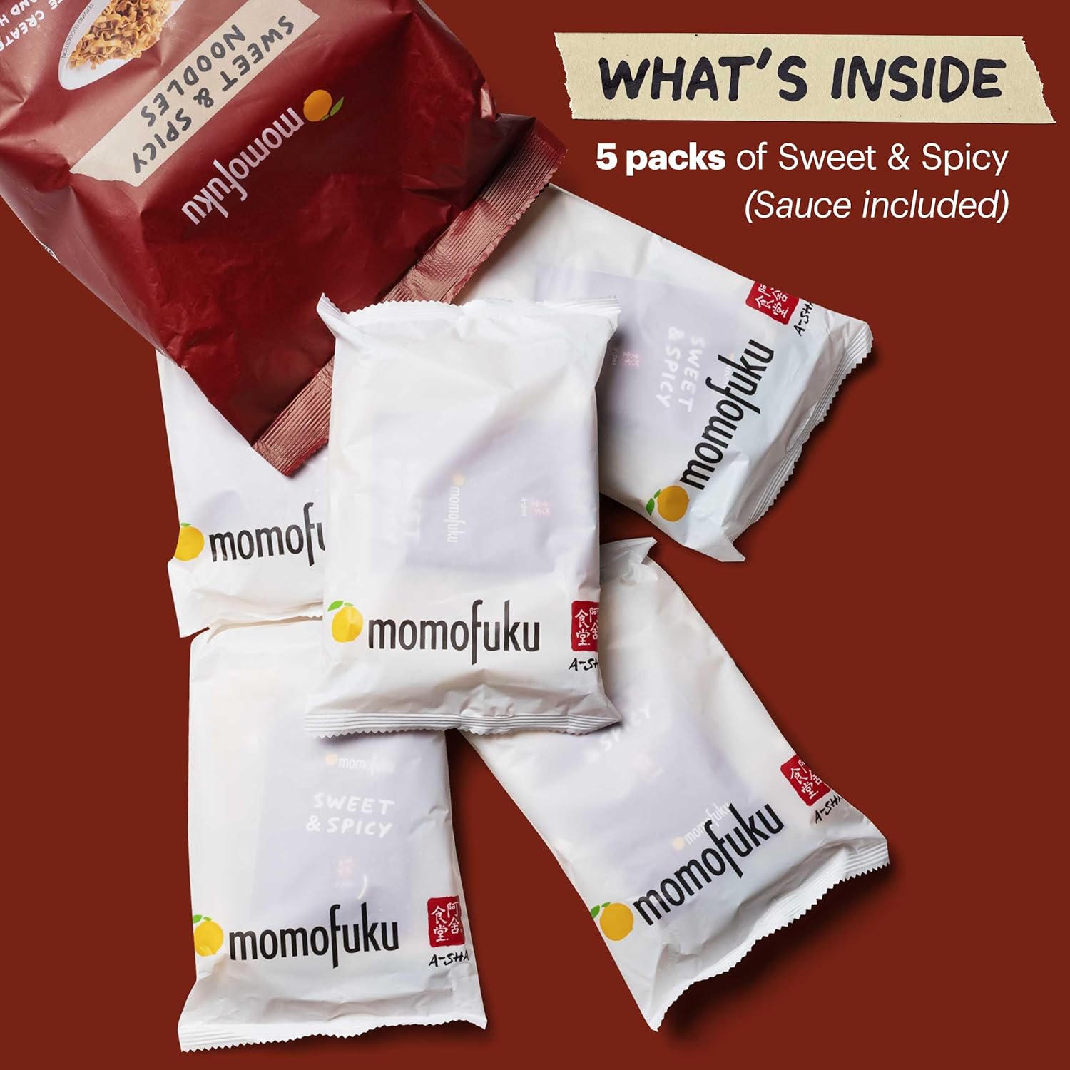 Momofuku_Sweet_&_Spicy_Ramen_Noodles_by_David_Chang,_5_Count_(Pack_of_1)_Air-Dried_Vegan_Instant_Noodles_11g_of_Plant_Based_Protein_Food_Flavor